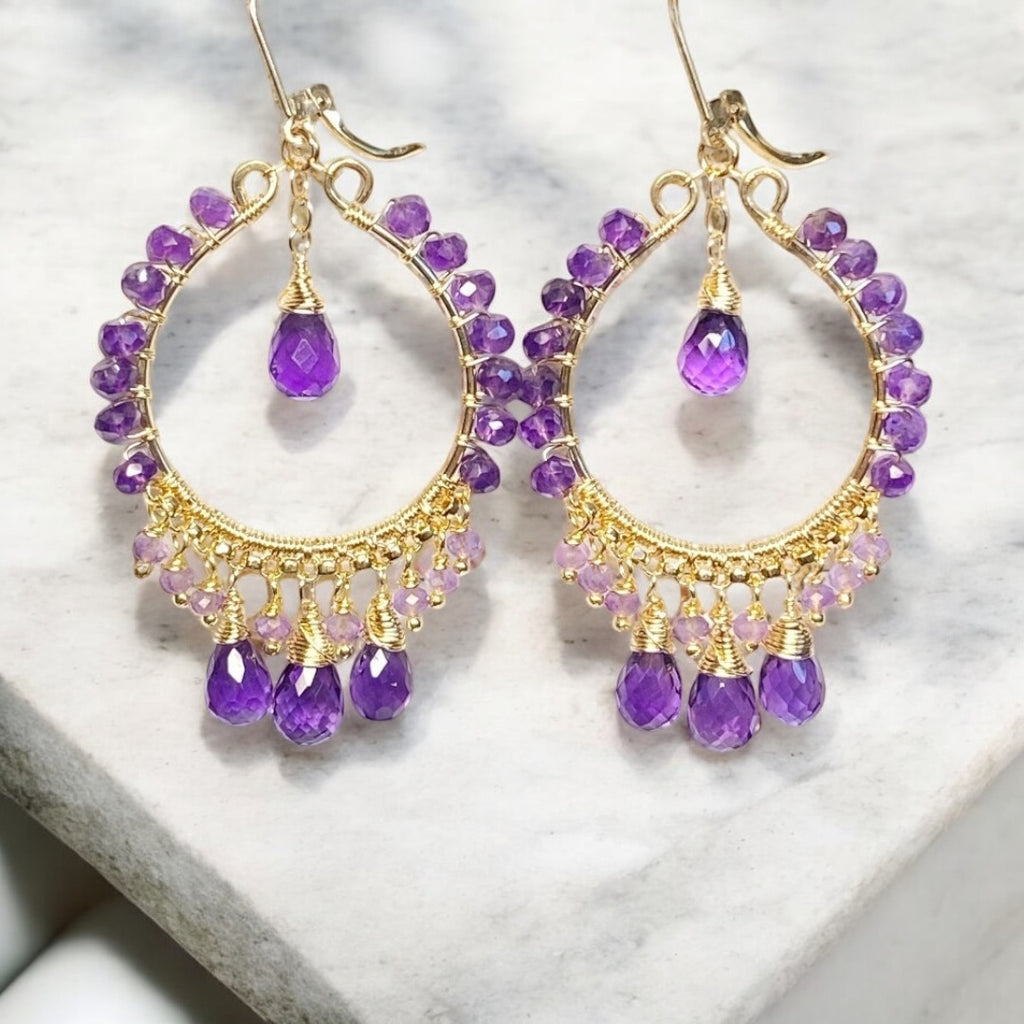 Amethyst Gold Fill Hoop Chandelier Earrings