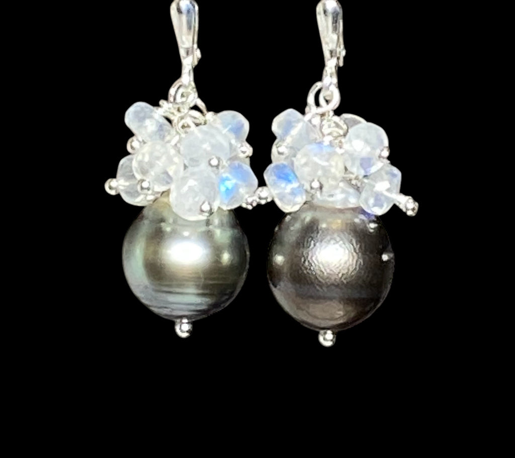 Tahitian Pearl Moonstone Cluster Earrings Sterling Silver