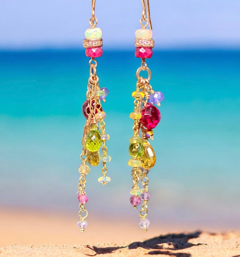 Multi-color Gemstone Long Chain Dangle Earrings Red Topaz Pink Sappire Citrine Opal Rose Gold