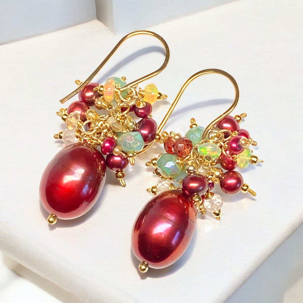 Red Pearl Gemstone Cluster Earrings, Gold Fill