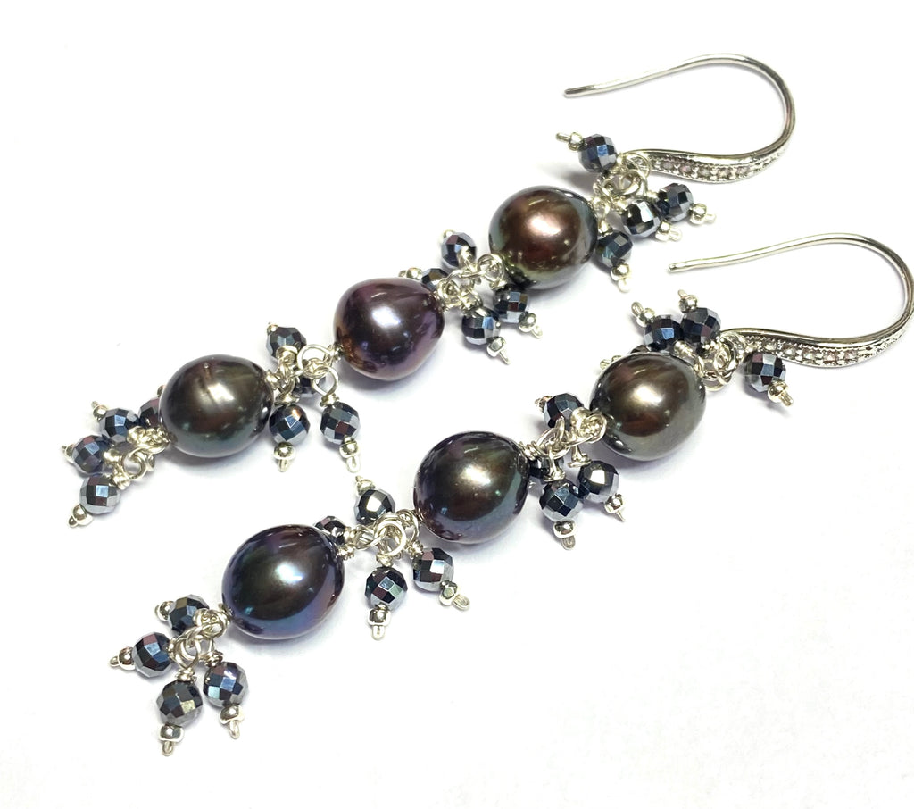 Long Peacock Pearl Earrings with Black Sparkly Gems, Sterling Silver