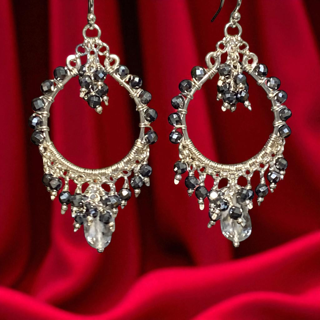 Black Gemstone Chandelier Hoop Earrings Sterling Silver