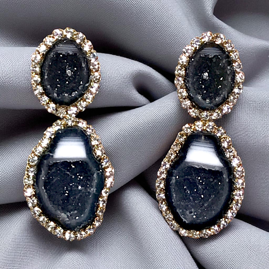 Black and White Tabasco Geode Earrings Double Dangle RARE