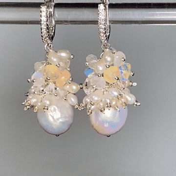 White baroque Edison pearl earrings with clusters of Ethiopian opals, moonstones, tiny pearls, Herkimier diamond crystals, sterling silver