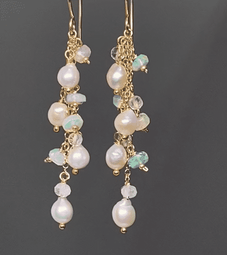 Edison pearl dainty dangle earrings with AAA opals, moonstone and 14 kt gold fill