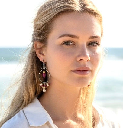 Pink Sappire and Ethiopian Opal Mixed Metal Hoop Chandelier Earrings