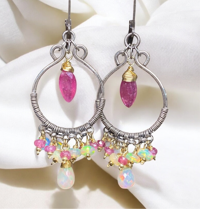 Pink Sappire and Ethiopian Opal Mixed Metal Hoop Chandelier Earrings