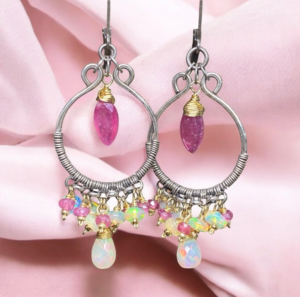 Pink Sappire and Ethiopian Opal Mixed Metal Hoop Chandelier Earrings