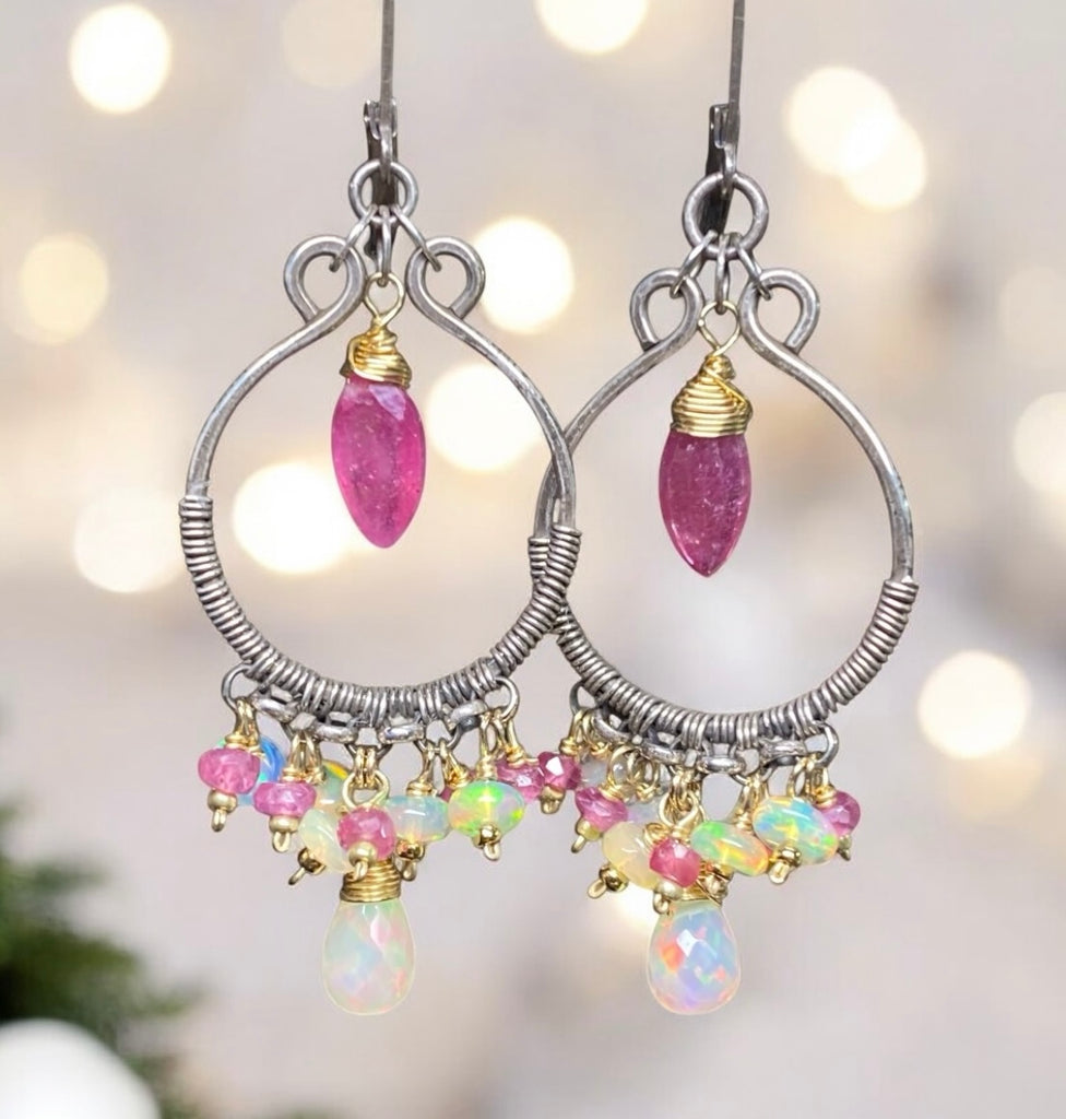 Pink Sappire and Ethiopian Opal Mixed Metal Hoop Chandelier Earrings