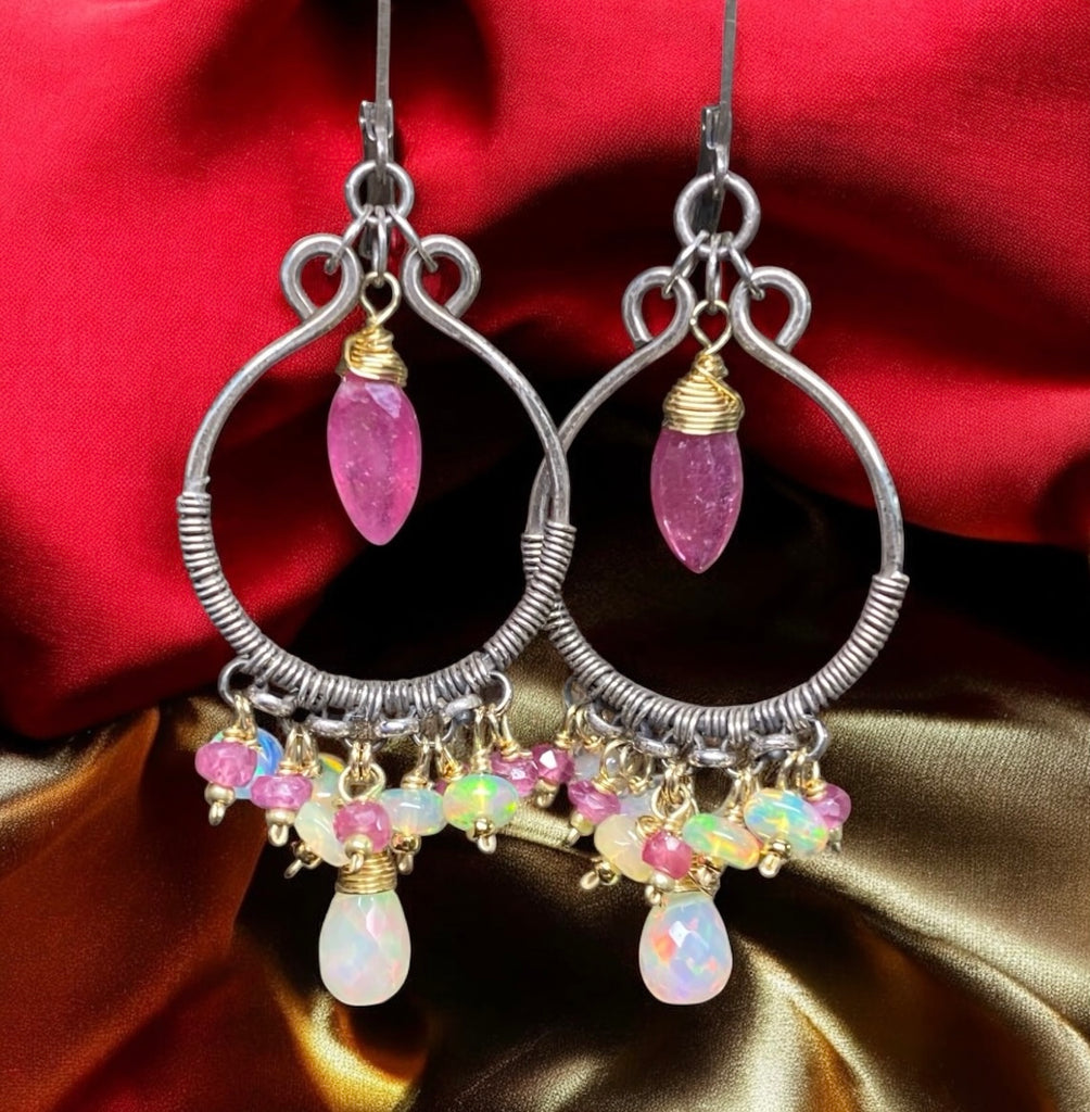 Pink Sappire and Ethiopian Opal Mixed Metal Hoop Chandelier Earrings