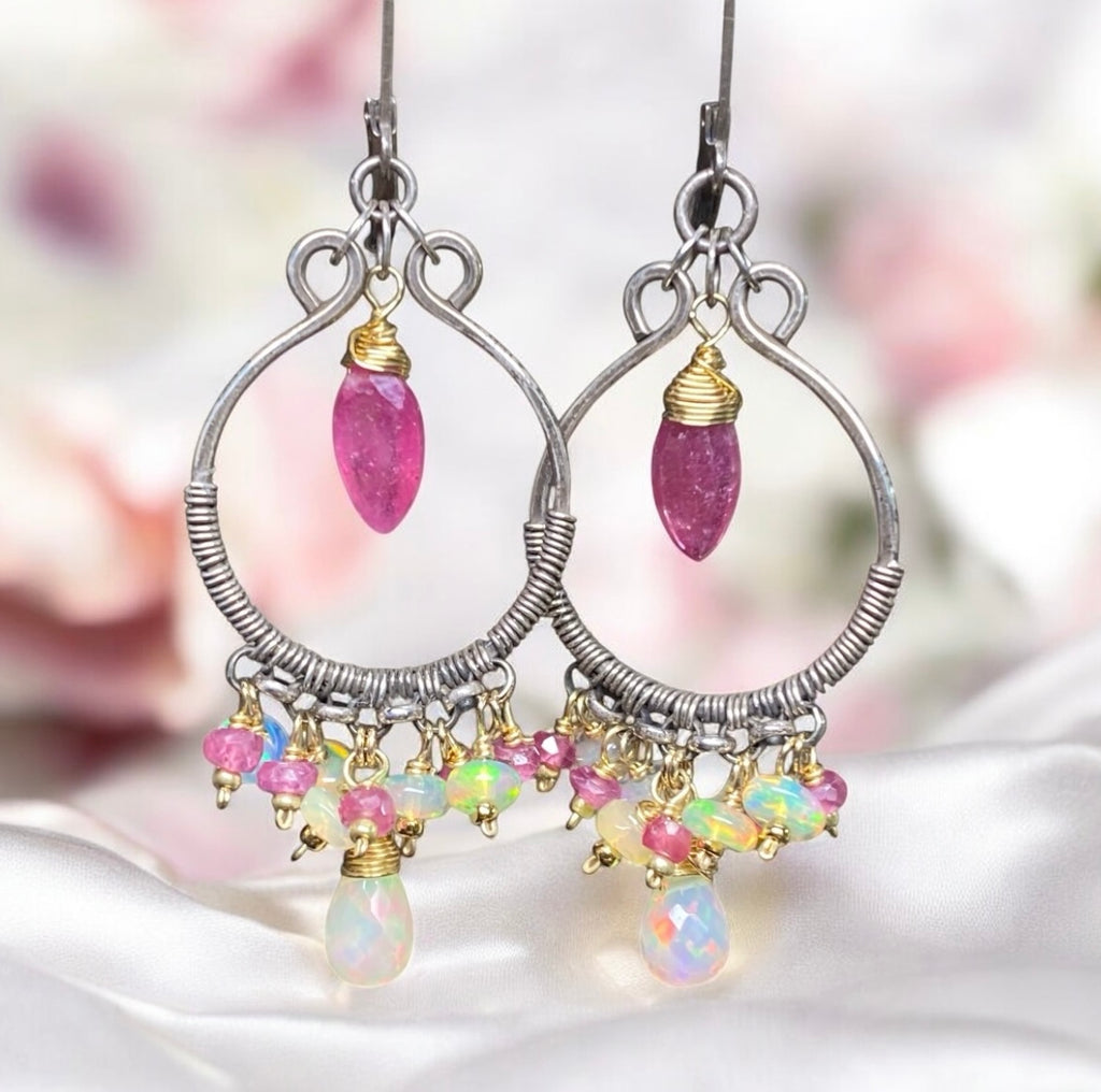 Pink Sappire and Ethiopian Opal Mixed Metal Hoop Chandelier Earrings