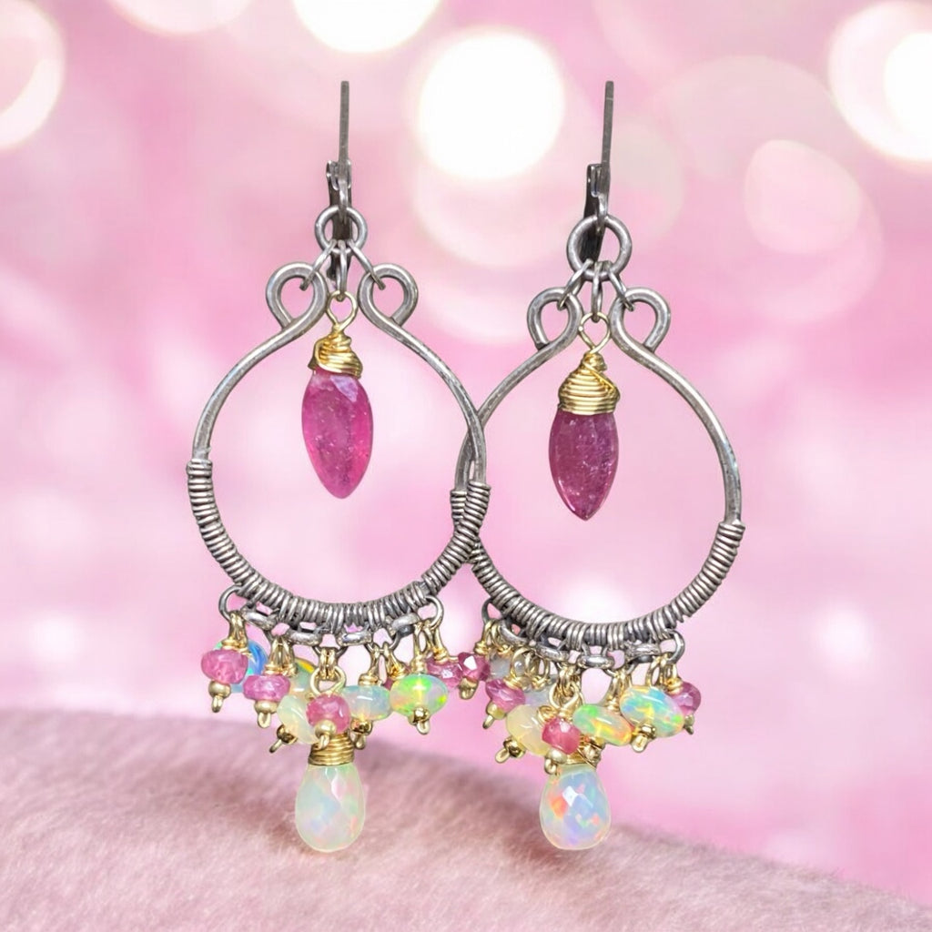 Pink Sappire and Ethiopian Opal Mixed Metal Hoop Chandelier Earrings