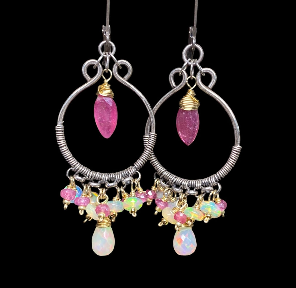Pink Sappire and Ethiopian Opal Mixed Metal Hoop Chandelier Earrings