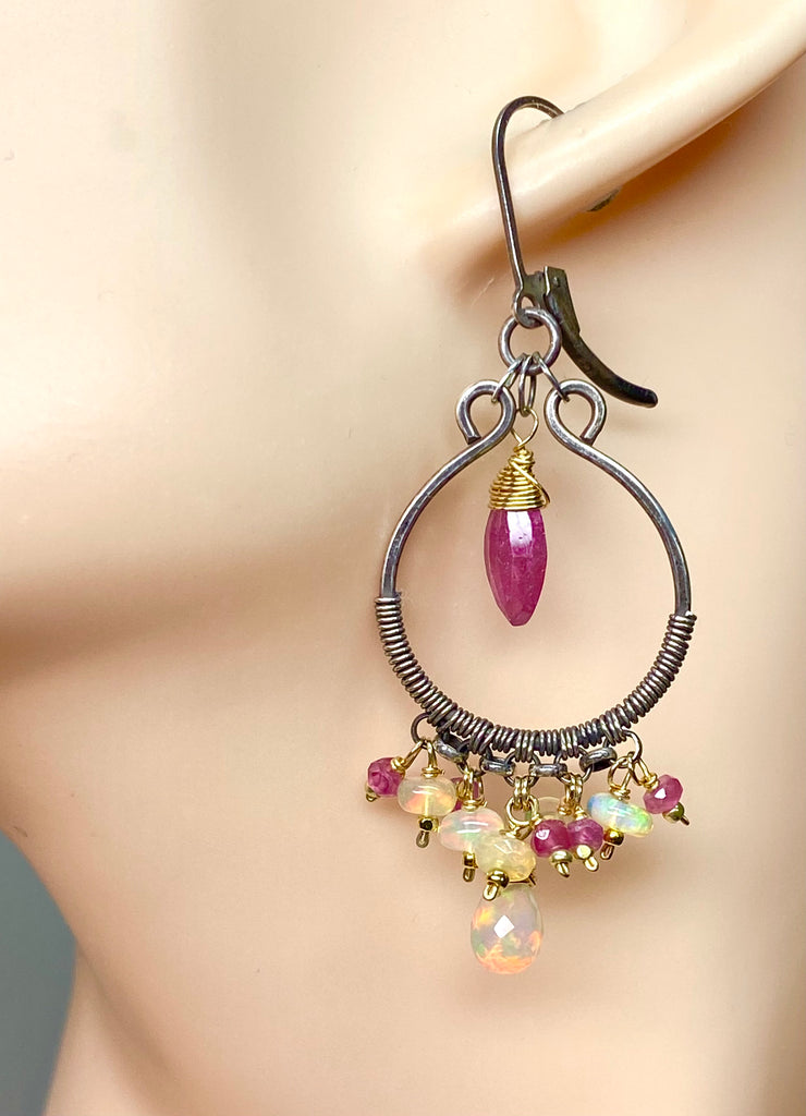 Pink Sappire and Ethiopian Opal Mixed Metal Hoop Chandelier Earrings