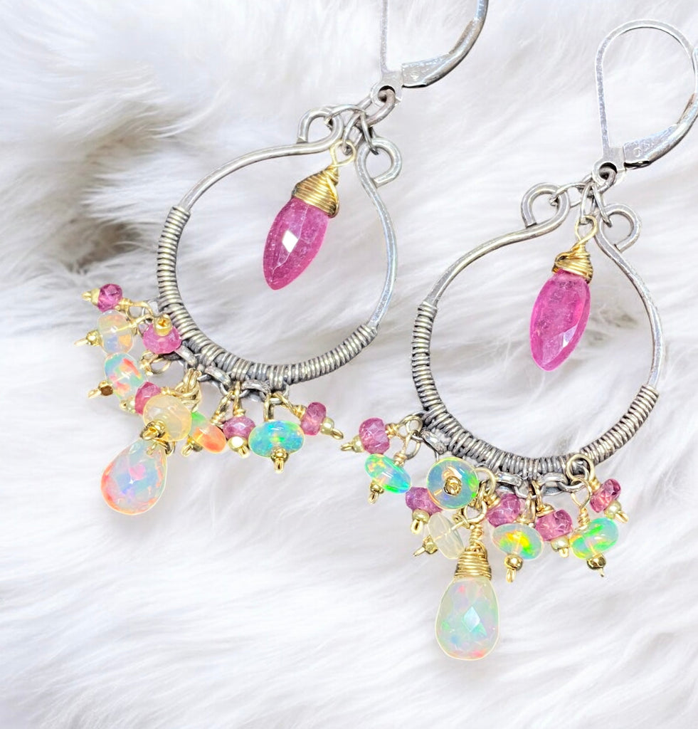 Pink Sappire and Ethiopian Opal Mixed Metal Hoop Chandelier Earrings