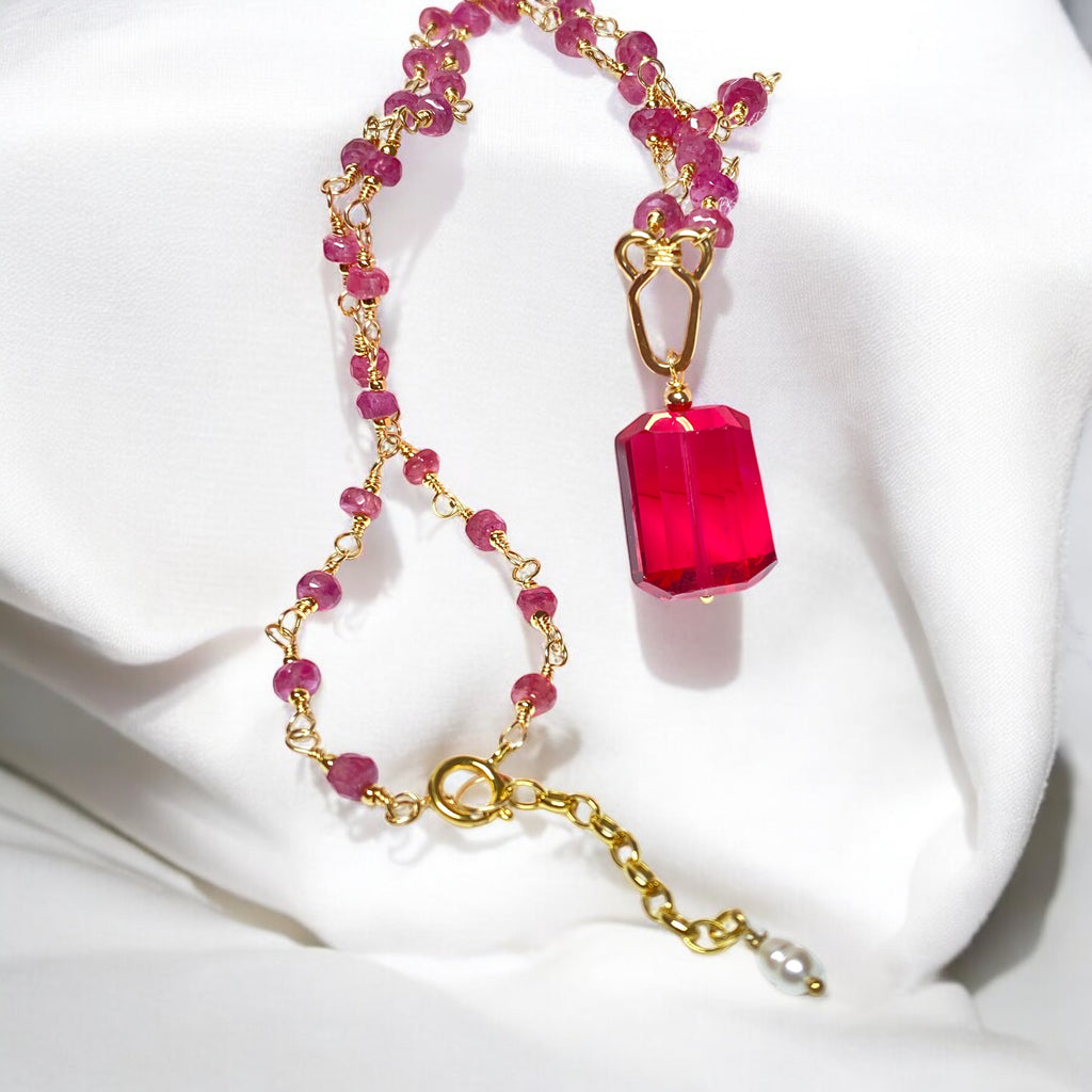 Pink Sapphire Gold Fill/Rose Gold Wire Wrap Necklace Rosary Style Rubellite Pendant