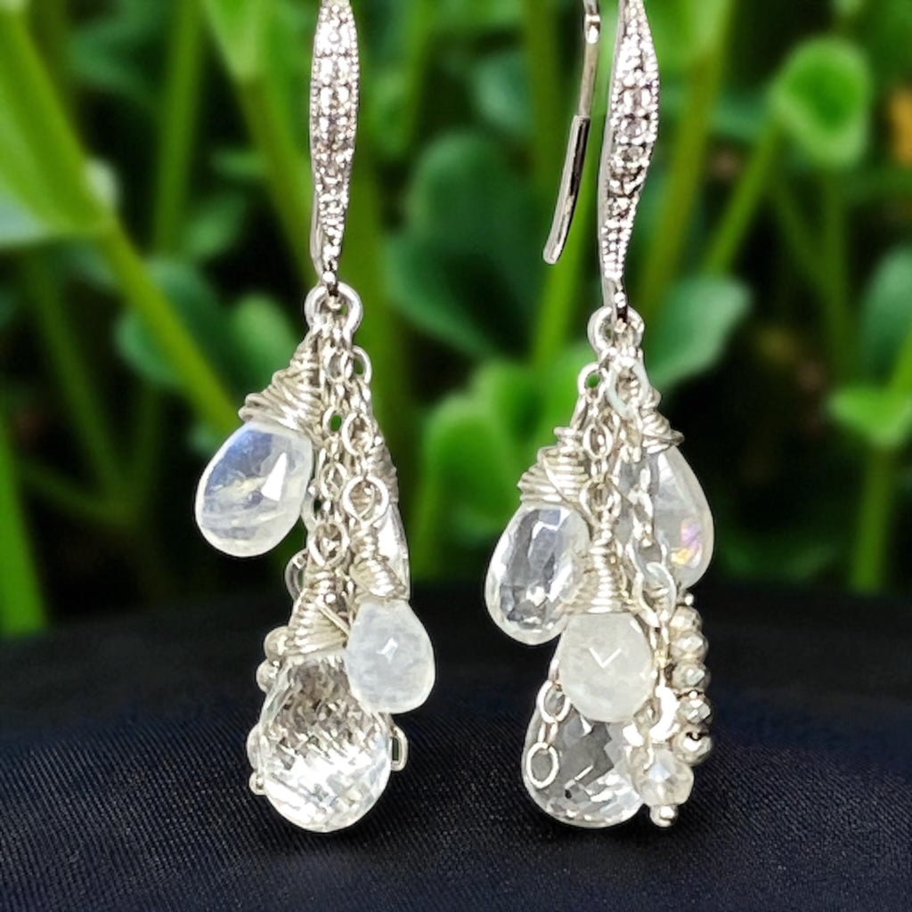 Crystal Quartz Dangle Earrings Sterling Silver Moonstone
