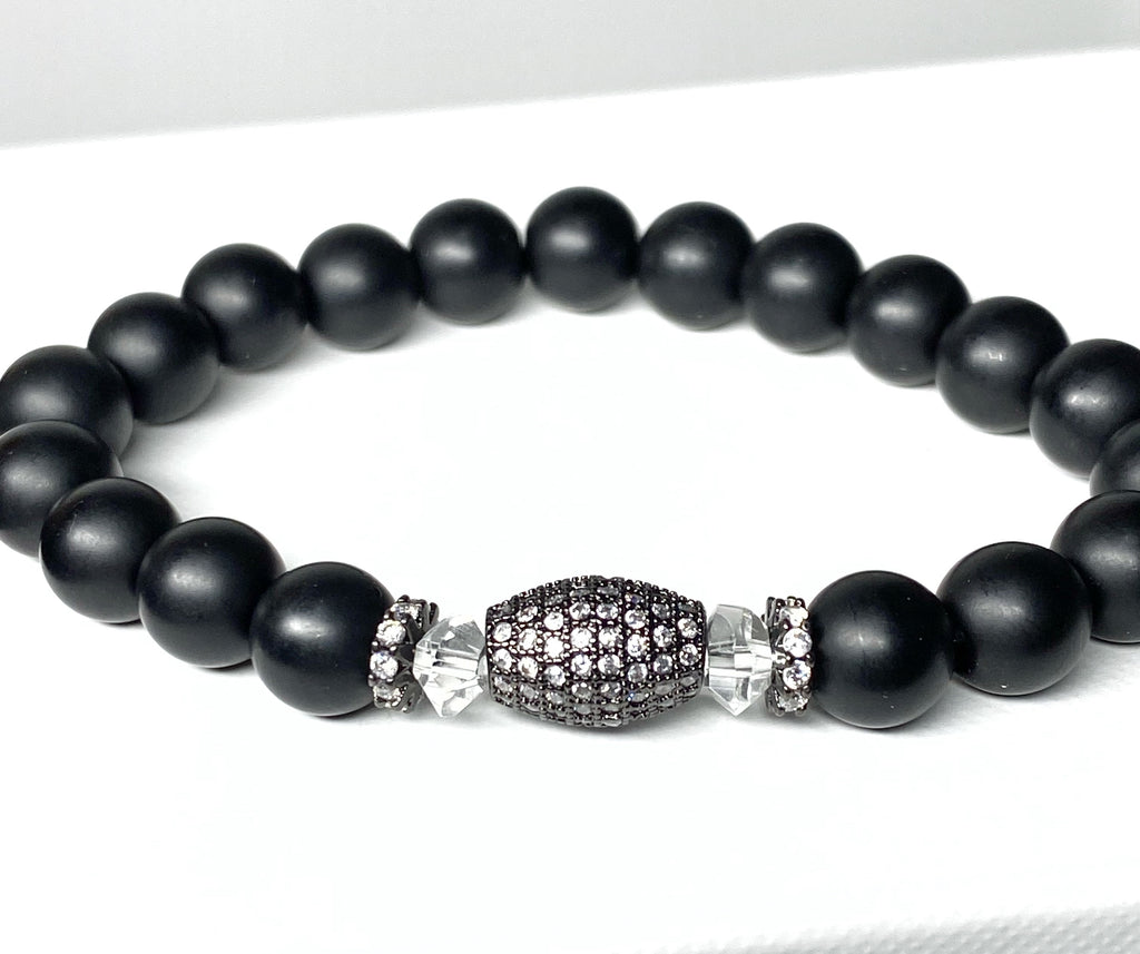 Black Onyx Stretch Bracelet with Black Pave CZ and Crystal Quartz