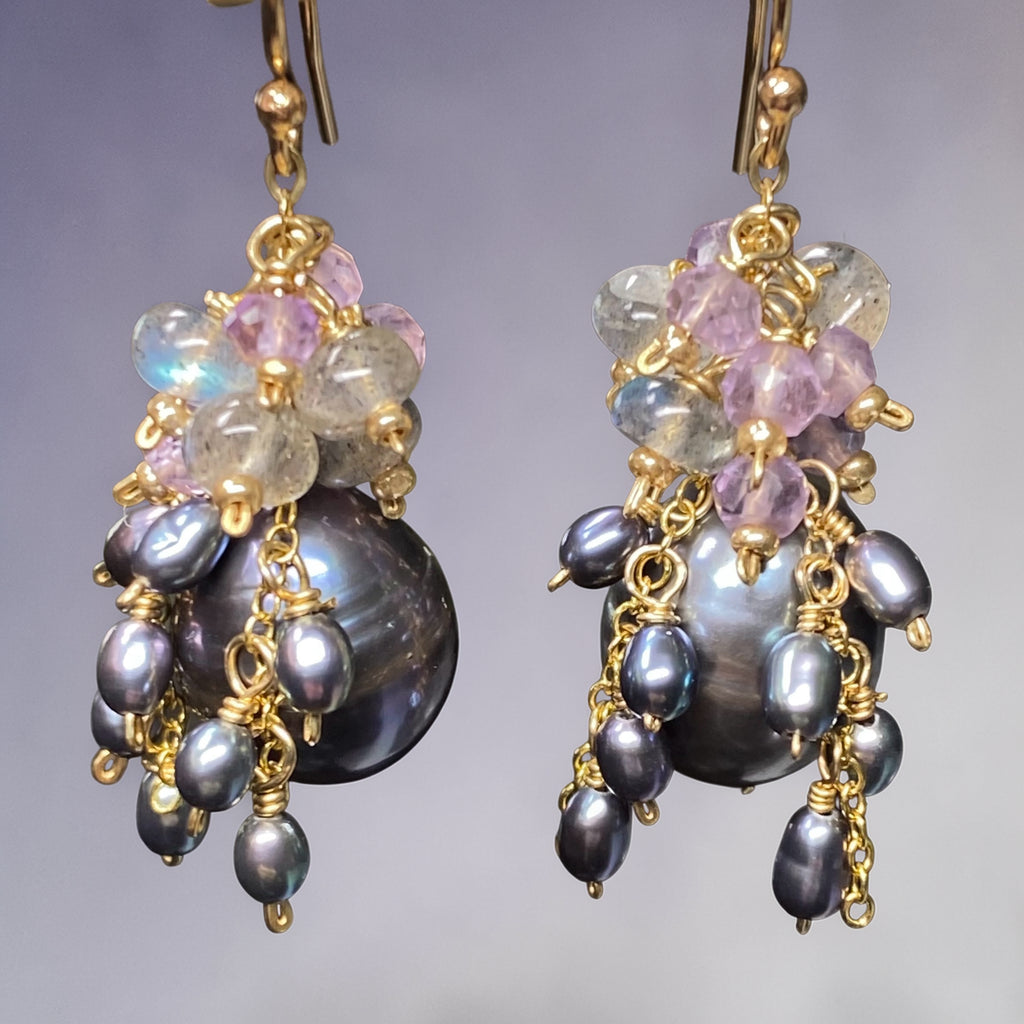Peacock Pearl, Amethyst, Labradorite, Cluster Waterfall Earrings - Doolittle