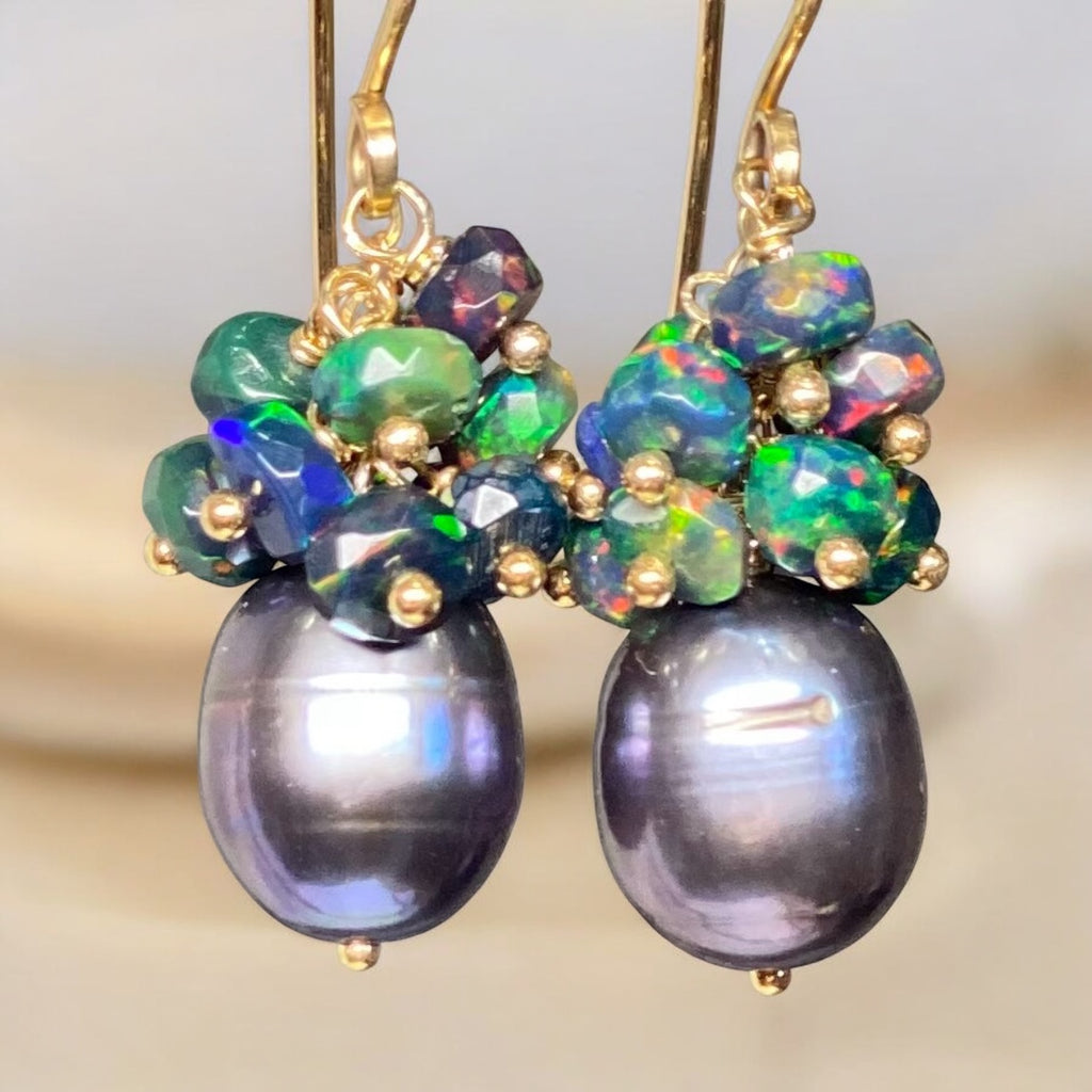 Black Grey Pearl Black Opal Cluster Earrings Gold