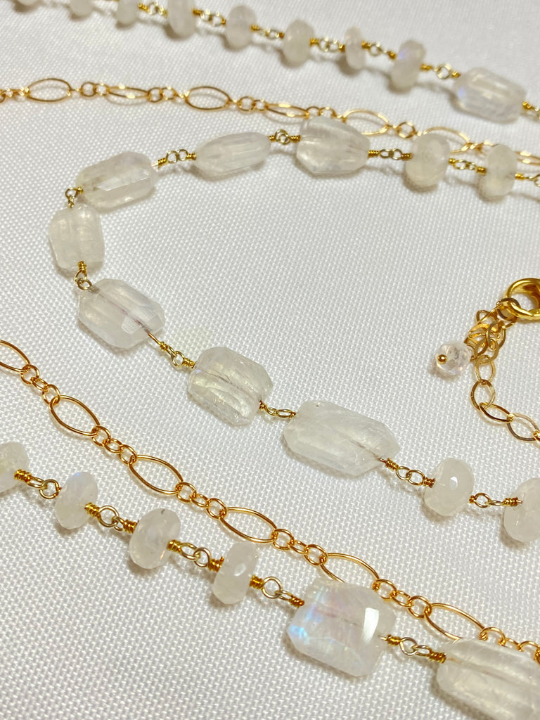 Rainbow Moonstone Triple Strand Long Necklace - Doolittle