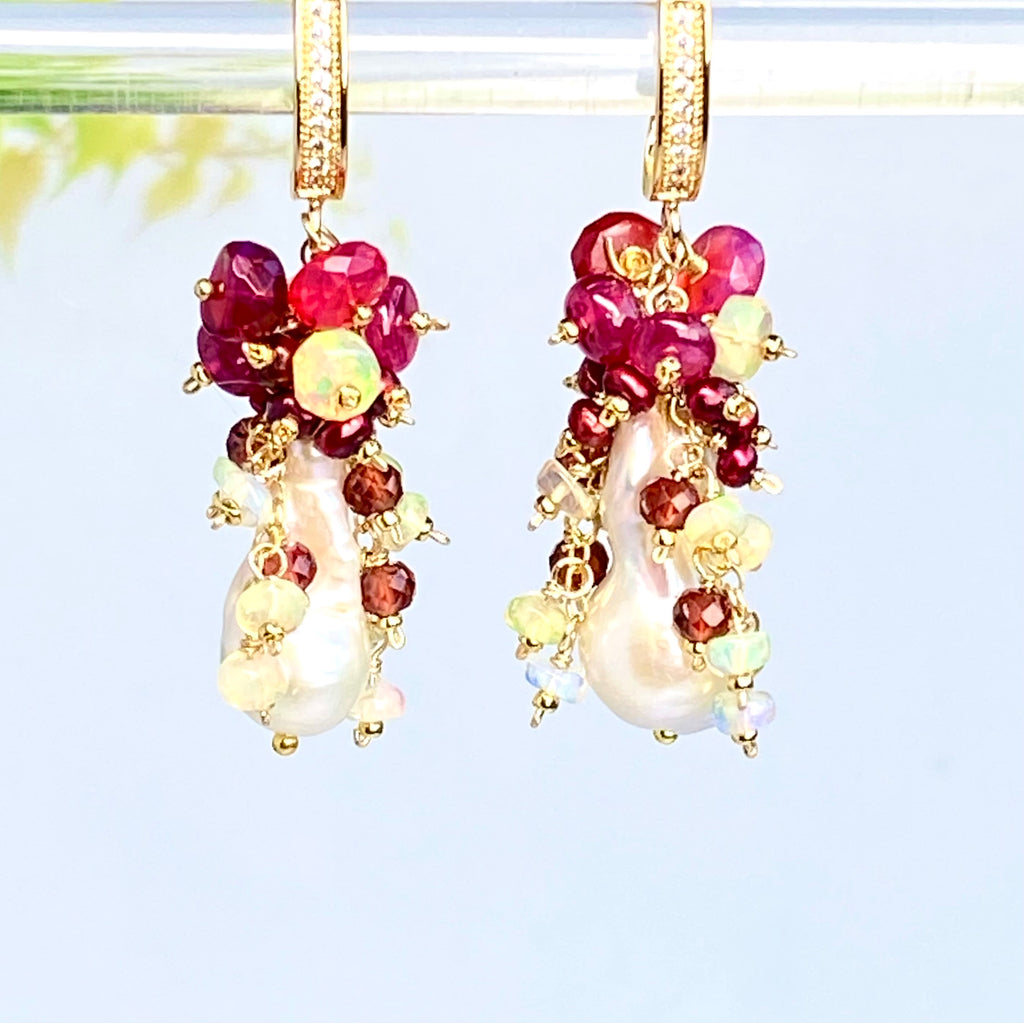 Red Opal, Garnet, Pearl and Ivory Baroque Flameball Pearl Earrings
