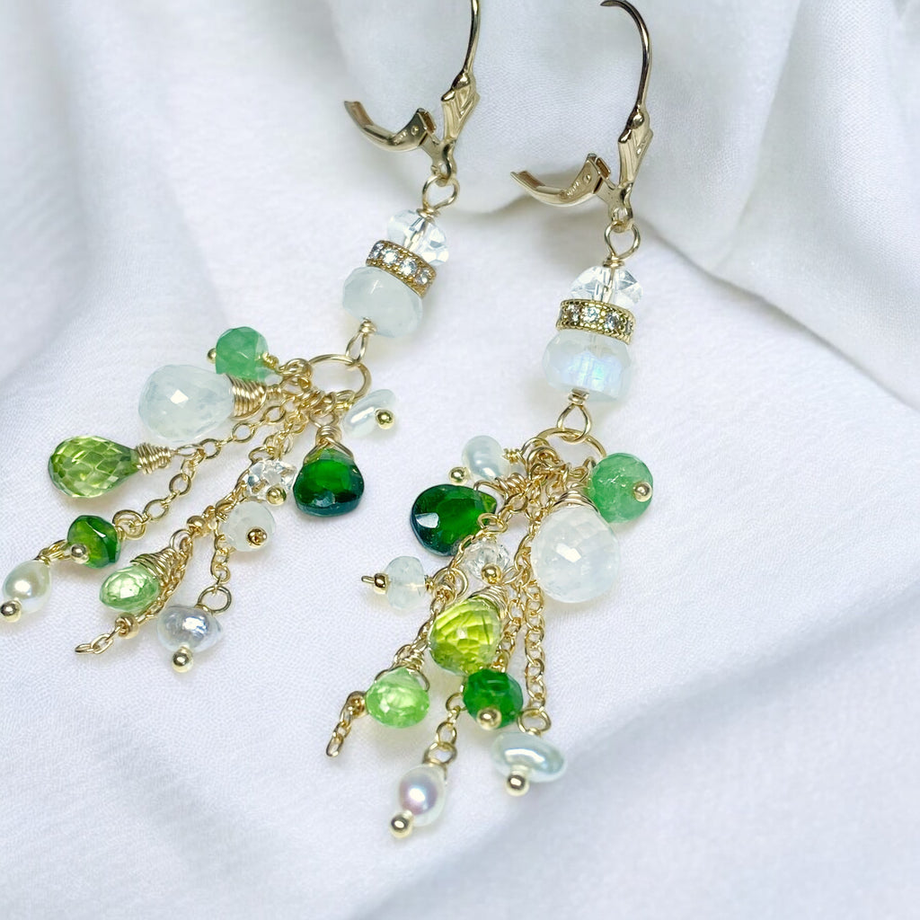 Green Gemstone Boho Dangle Earrings Peridot Chrome Diopside Tsavorite Gold 3