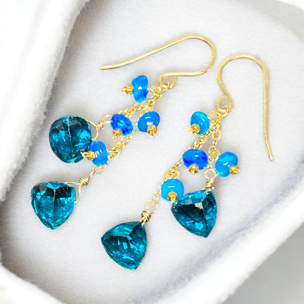 Teal Quartz and Opal Dangle Earrings Gold Fill