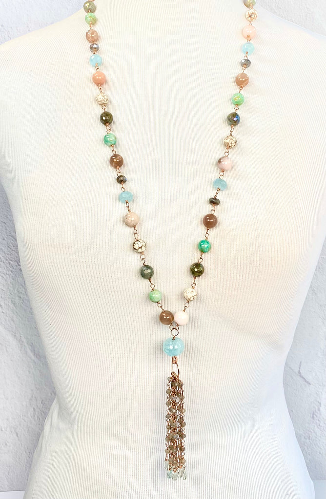 Aquamarine Labradorite Multi-Gemstone Long Tassel Necklace — Rose Gold Fill
