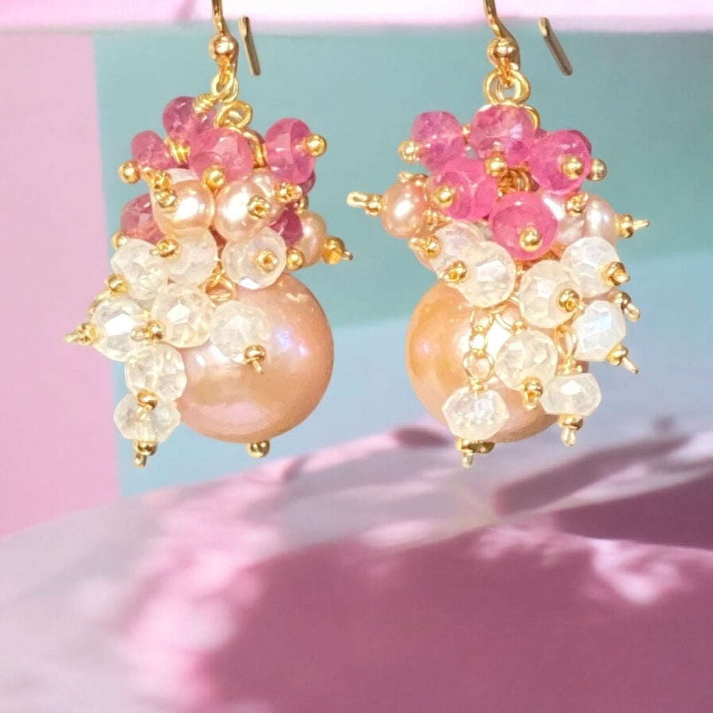 Blush Pearl Pink Sapphire Mystic Quartz Cluster Earrings