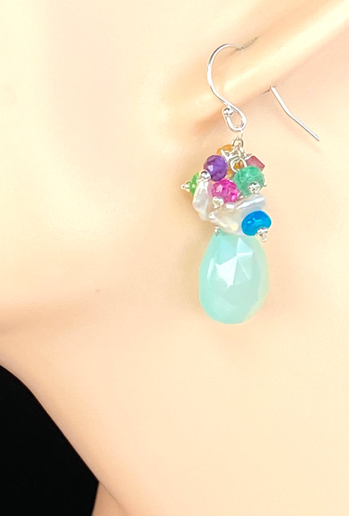 Aqua Chalcedony Multicolor Cluster Earrings Sterling Silver