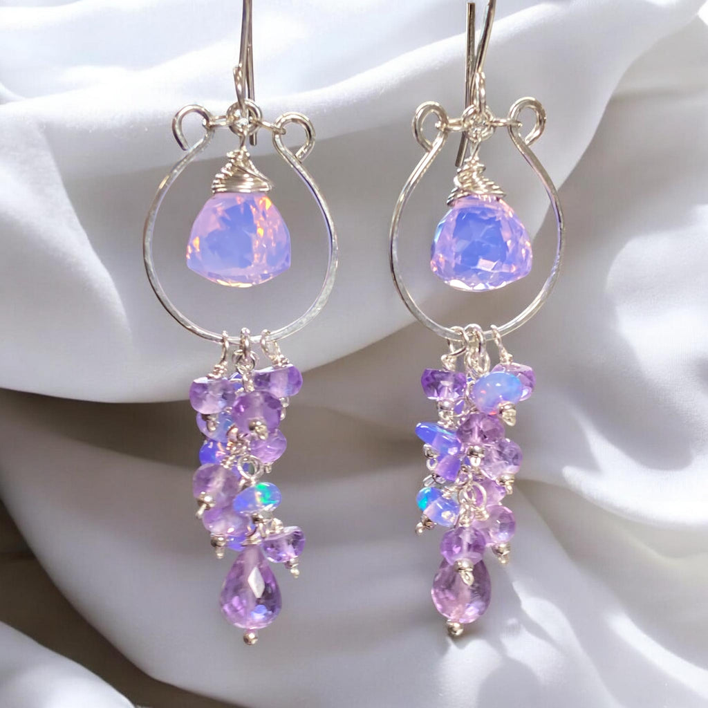 Handcrafted lavender quartz trillion and pink amethyst chandelier hoop earrings, approximately 2 1/4 inches long