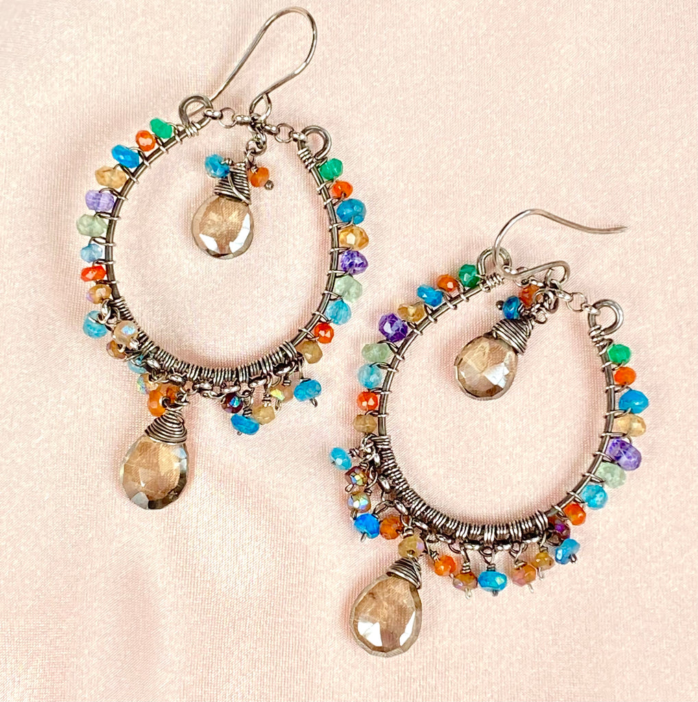 Multicolor Gemstone Hoop Chandelier Earrings, Mystic Smokey Quartz, Oxidized Silver