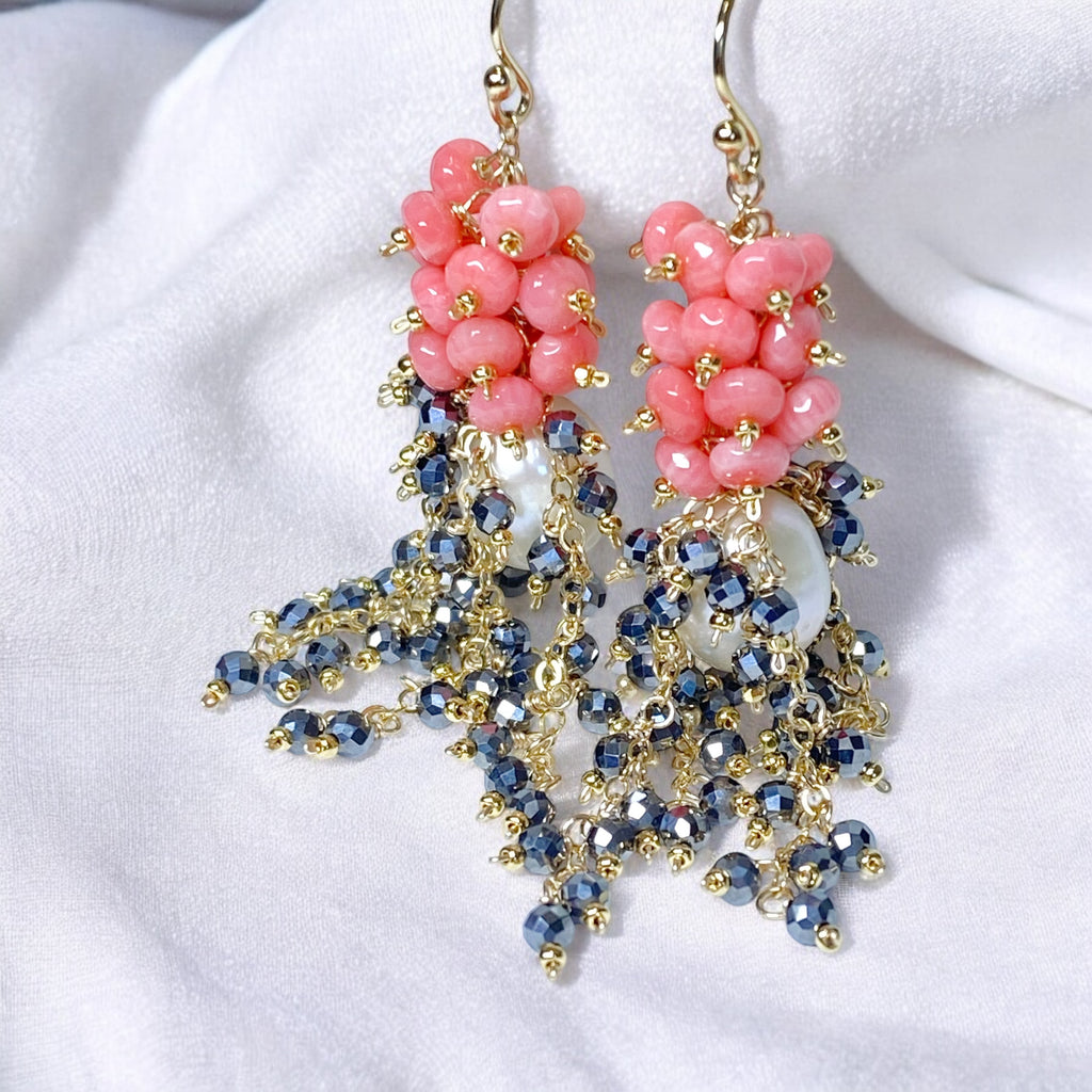 CUSTOM ORDER for Sandra H - Pearl, Coral and Black Cluster Earrings Gold Fill