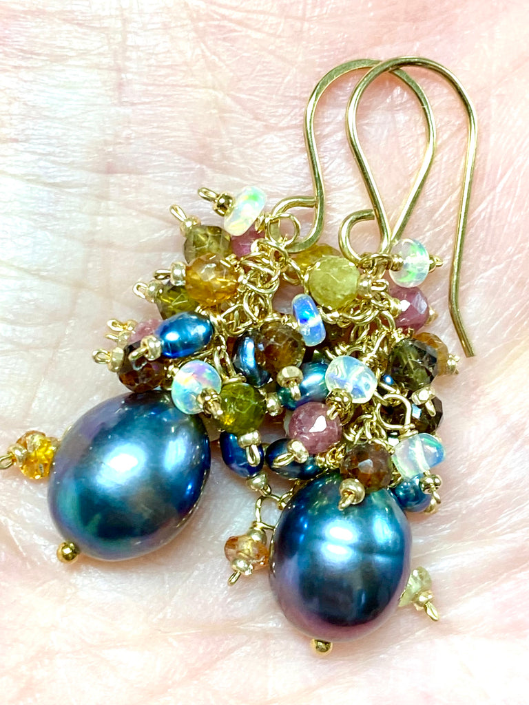 Tourmaline and Opal Cluster Earrings with Black Peacock Pearls