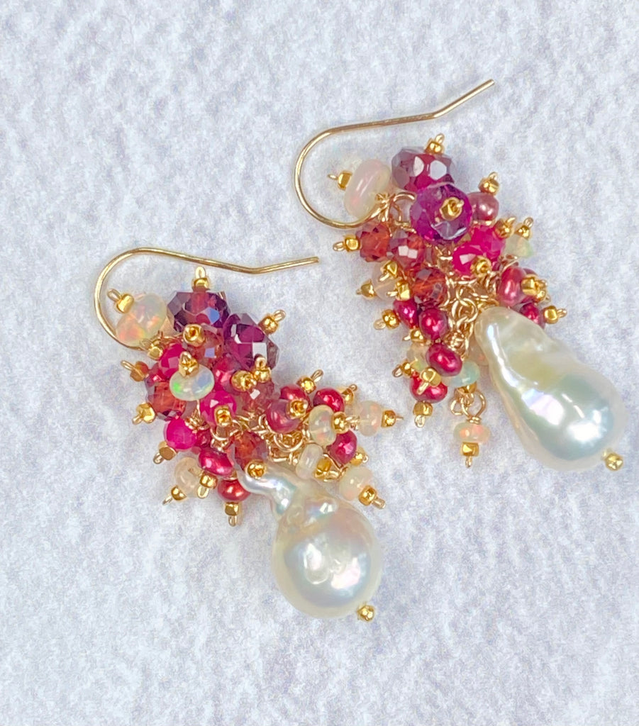 Baroque Pearl Earrings with Rubies, Red Opal and Fiery AAA Ethiopian Opals
