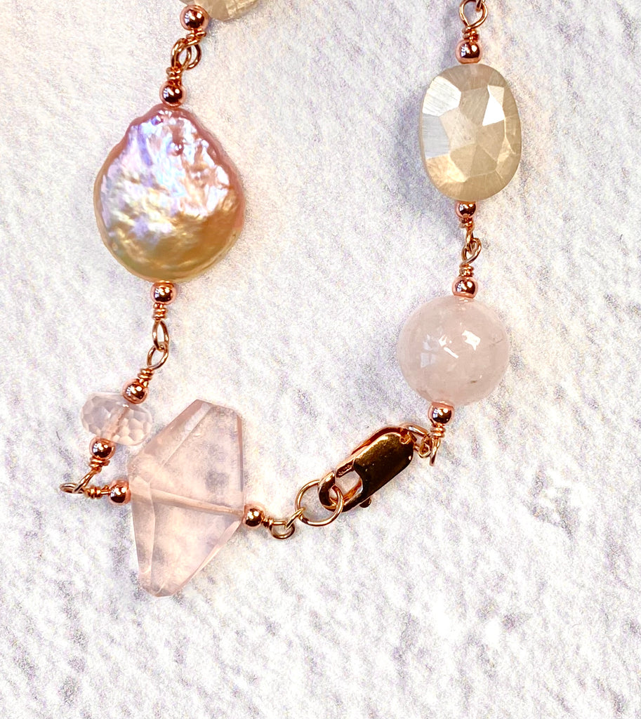 Blush Pink Coin Pearl Long Sautoir Necklace — Rose Gold Fill, Rose Quartz & Morganite