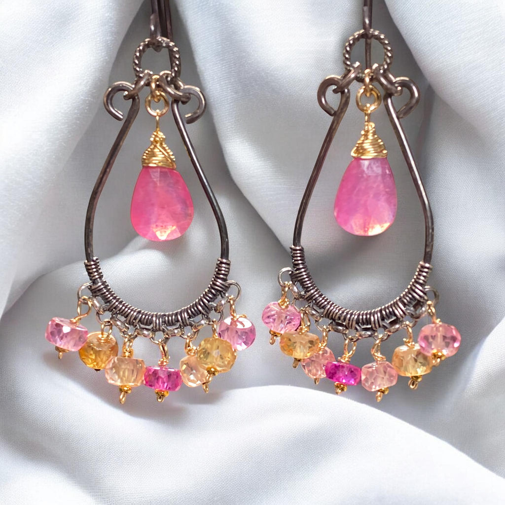 Padparadscha Pink Sapphire Chandelier Hoop Earrings — Fuchsia, Blush & Peach, Mixed Metals