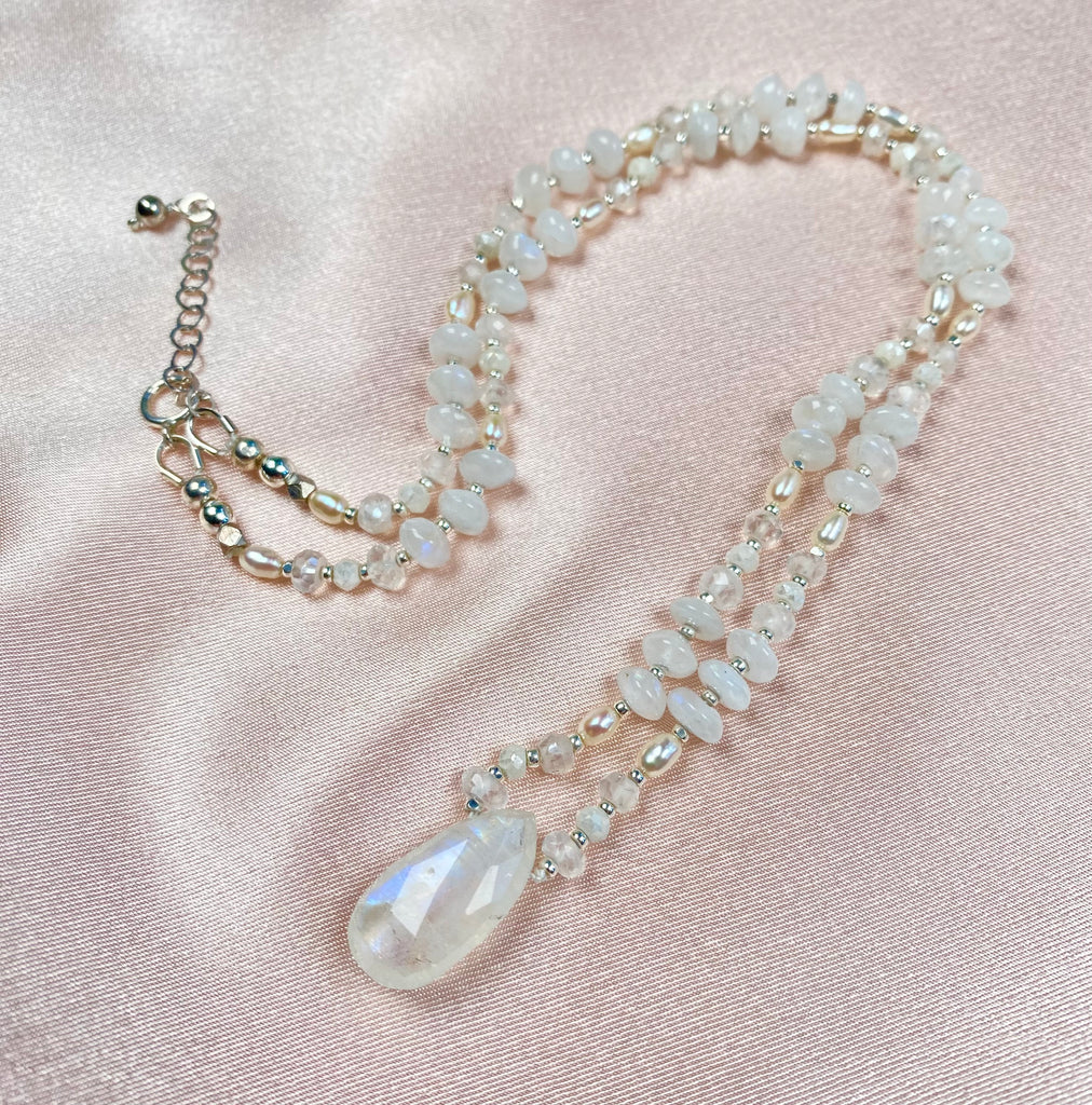 Moonstone, Pearl Pendant Necklace Sterling Silver