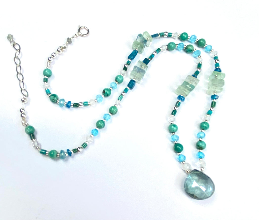 Mystic Aqua Quartz Pendant; Silk Knotted Aqua Blue Beaded Necklace