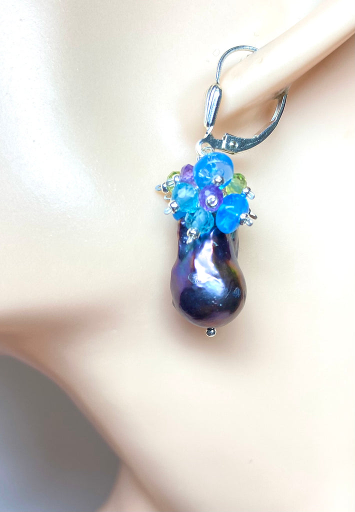 Baroque Peacock Pearl Cluster Earrings, Peridot, Amethyst, Opal, Sterling Silver