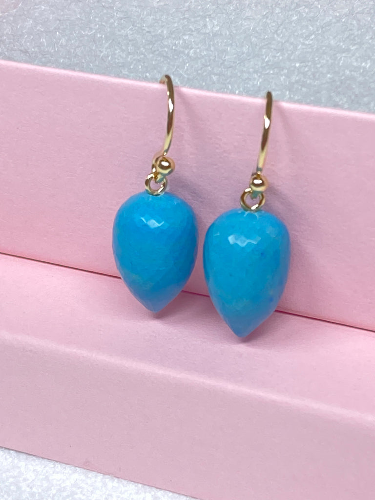 Turquoise Micro Faceted Briolette Long Drop Earrings 14k Gold Fill