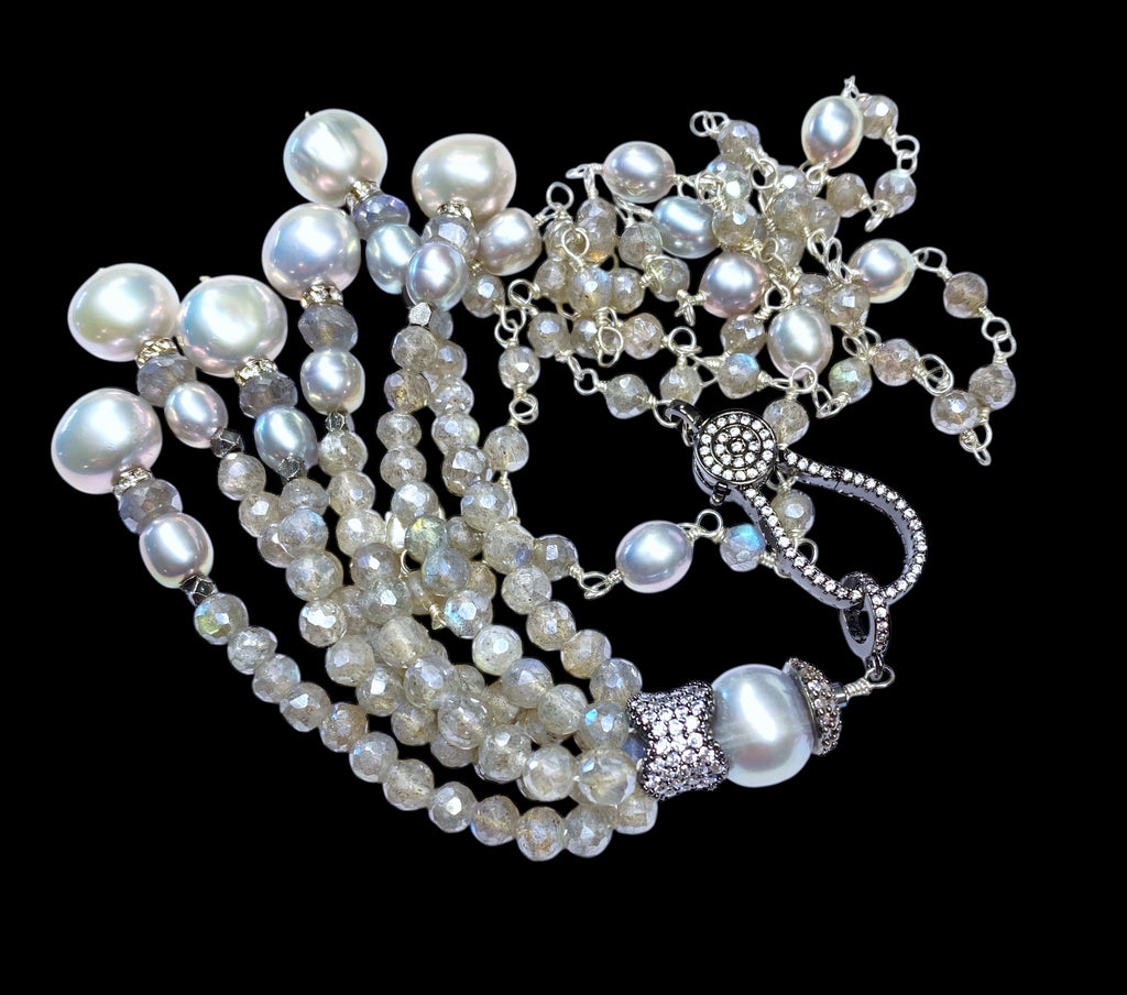 Mystic Labradorite Beaded Tassel Necklace Wire Wrap Sterling Silver