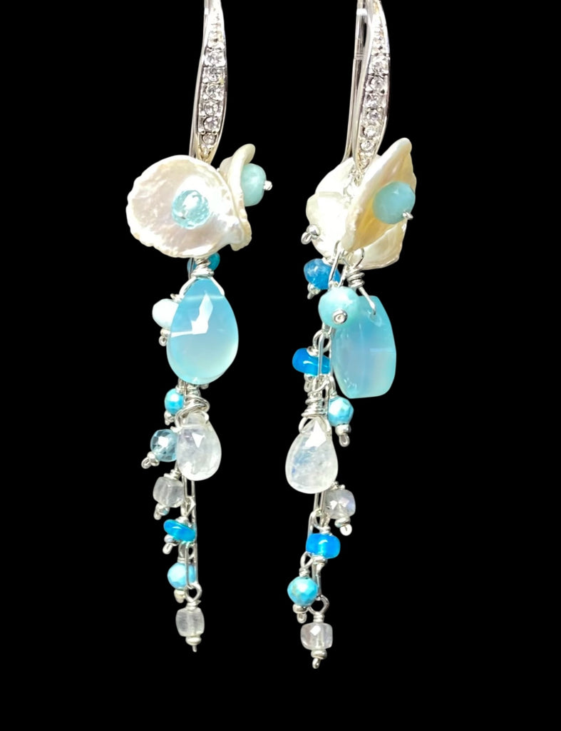 Aqua Chalcedony, White Keishi Pearl, Sterling Silver Long Dangle Earrings