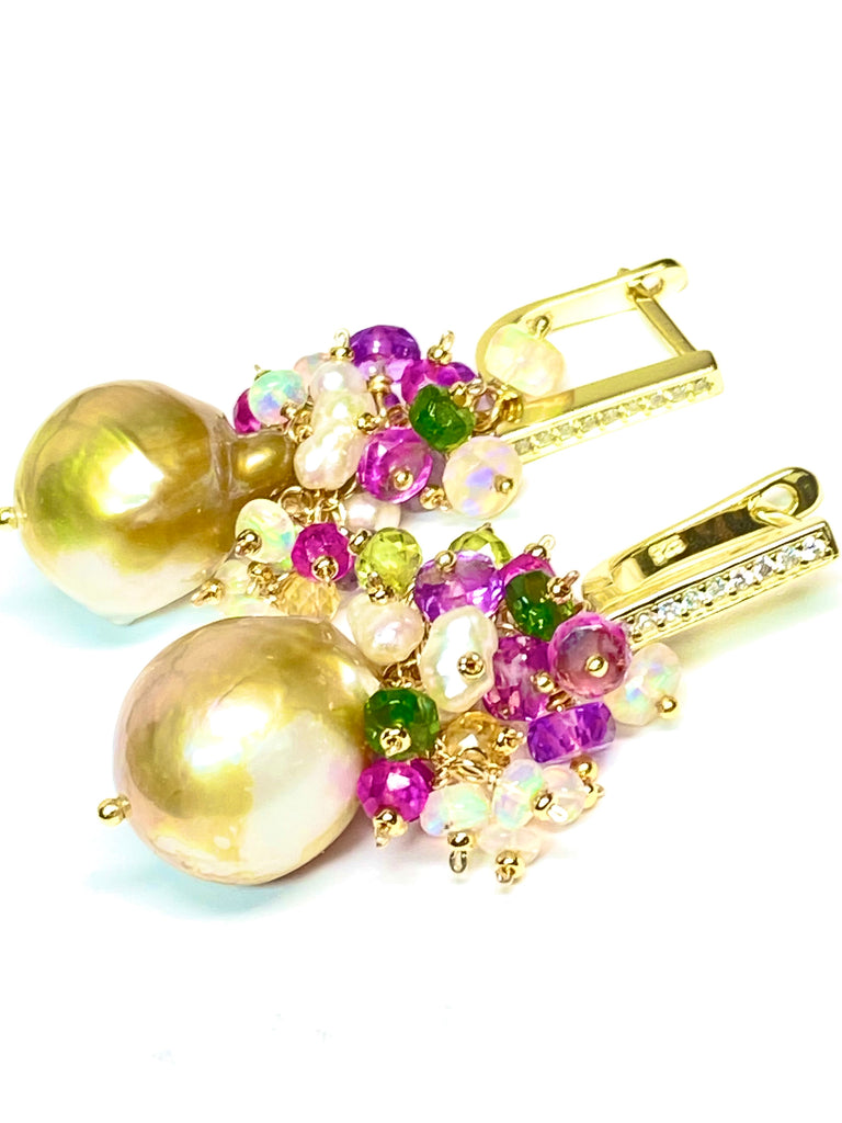 Pond-slime Baroque Pearl and Gemstone Cluster Earrings with Violet Sapphire
