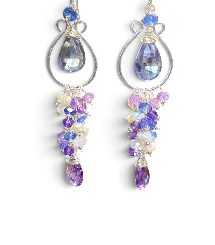 Blue Purple Gemstone Chandelier Hoop Earrings Sterling Silver — Tanzanite Amethyst Kyanite Moonstone - Doolittle