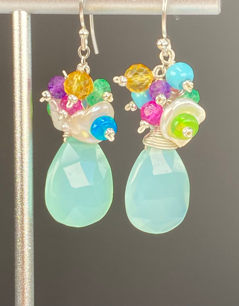 Aqua Chalcedony Multicolor Cluster Earrings Sterling Silver