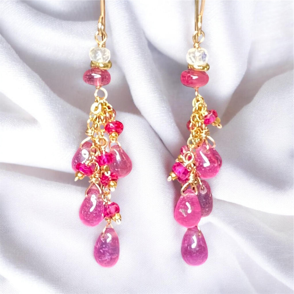 Pink Sapphire and Ruby Tassel Earrings, Gold Fill - Doolittle