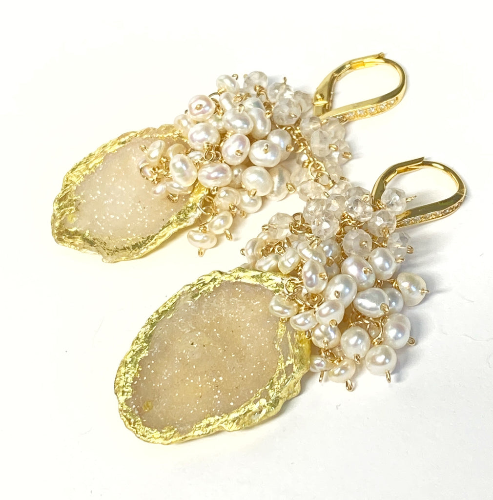 Golden Tabasco Geode 24 kt Gold Leaf Earrings with Pearl and Mystic Crystal Clusters