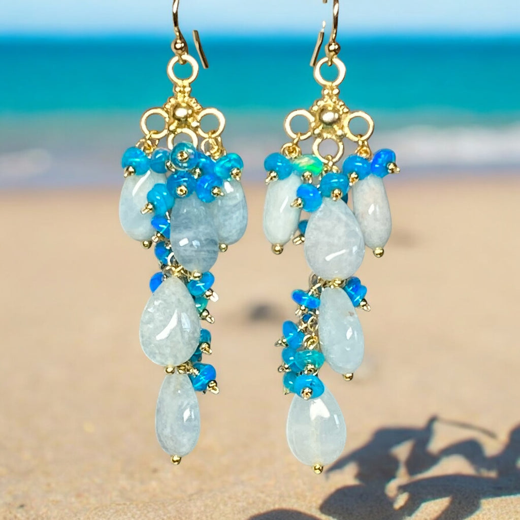 Blue Aquamarine and Teal Blue Opal Long Gem Dangle Chandelier Earrings